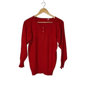 100% Cashmere Red 3/4 Sleeve Henley Sweater Soft Knit Button Placket Size 38